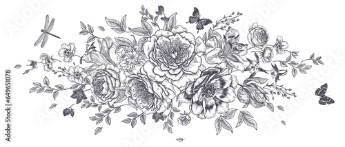Flower Garland, butterflies and dragonfly. Wedding Floral Decoration. Vector illustration.