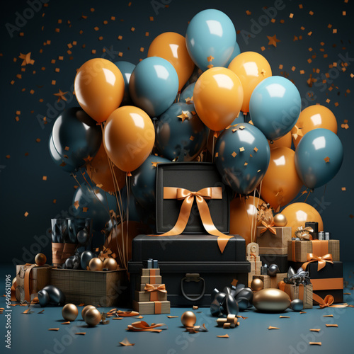 3d black gift box and megaphone, balloons, black friday