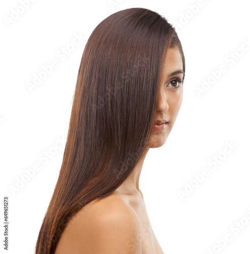 Vision, beauty and hair with the face a woman isolated on transparent background for natural shampoo treatment. Thinking, salon or aesthetic haircare with a young model on PNG for luxury wellness