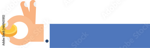 Long Cartoon hand of businessman carefully holding gold coin in fingers. Gesture of male businessman in sleeve of business suit with rubber arm. Simple flat vector isolated on white background