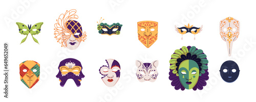 Carnival masks for Mardi Gras set. Festive masquerade. Disguise accessory for face. Facial masque in theater: moretta, volta. Venetian fashion. Flat isolated vector illustration on white background