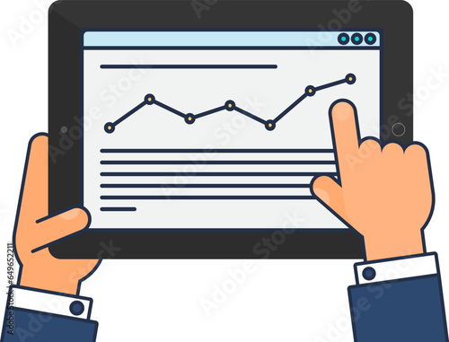 User hand enters data on website of Client on portable tablet. Analysis Data web page UI menu on screen of digital gadget. Outline stroke vector isolated on white background