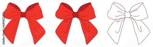 Set of Vector bows. Isolated long red ribbon and big bow with two tails. Colorful flat and outline illustration. Holiday concept. New Year, Christmas banner. Cartoon style. Front view. Flat design.