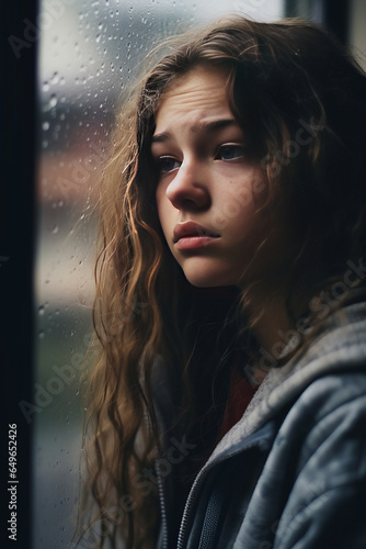 Student young girl crying on the window due to harrassment in the classroom.