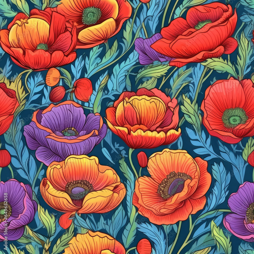 Vibrant poppy flowers in a repeating seamless pattern, AI Generated Vibrant poppy flowers in a repeating seamless pattern, AI Generated