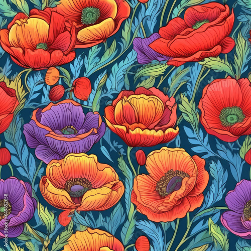 Vibrant poppy flowers in a repeating  seamless pattern, AI Generated