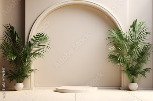 3d arches and two palm leaves on the pot background for display products with podium on beige wall. 3d minimal podium and scene.  copy space