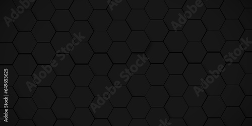 Background of abstract black 3d hexagon background design a dark honeycomb grid pattern. Abstract octagons dark 3d background.Black geometric background for design.