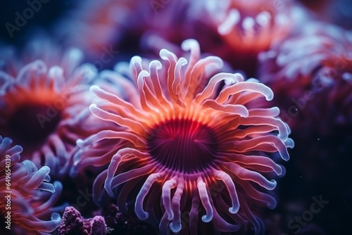 Underwater beautiful colorful dancing reef Anemone group coral tropical animal Anemonefish nature salt water fish tank aquarium. Ecology snorkel diving ecosystem environmental save planet sea ocean © Yuliia