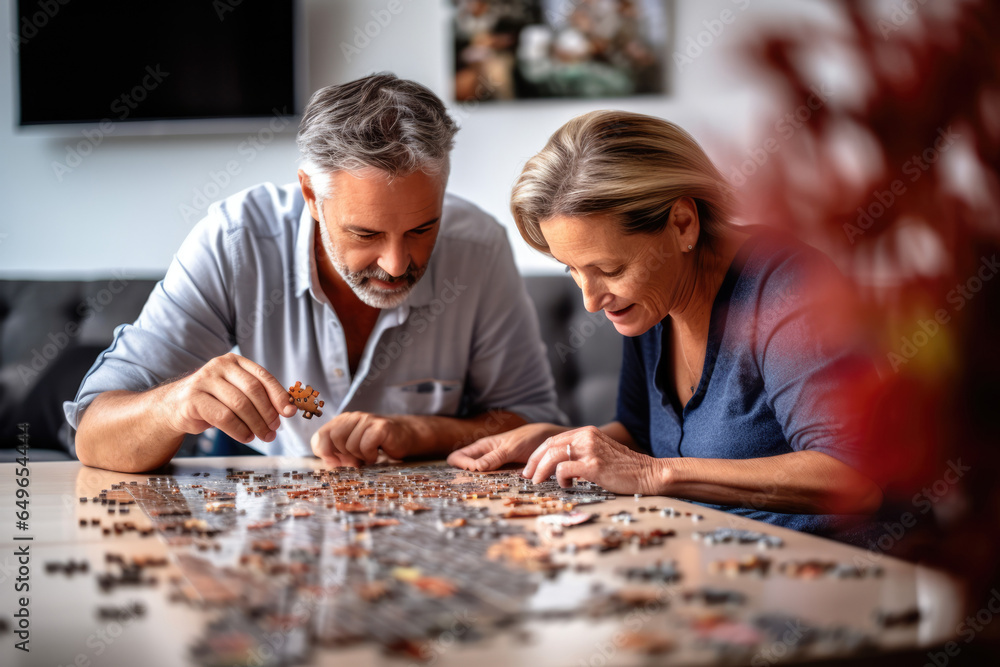 Fototapeta premium Middle aged couple assembling jigsaw puzzle home