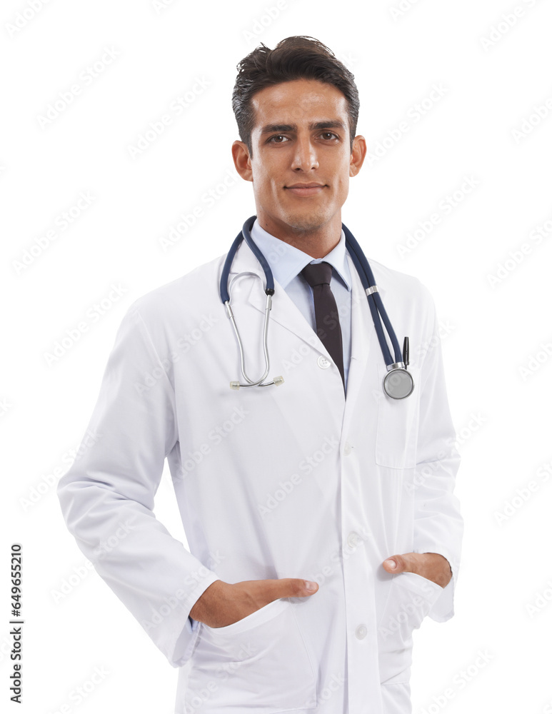 Fototapeta premium Doctor in portrait, healthcare man and medicine, cardiology surgeon with stethoscope isolated on png transparent background. Confidence, future and expert medical professional in Mexico for health