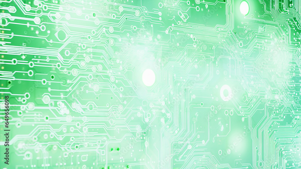 Obraz premium green microelectronics, microchip computer printed circuit board electronic chip, abstract fictional background