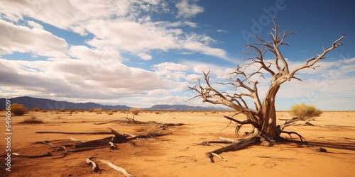 Desert landscape and dead tree with sky. Drought