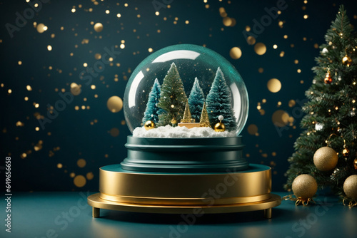 3D rendering of display red and green color podium for branding and product presentation on pedestal display Christmas tree background.