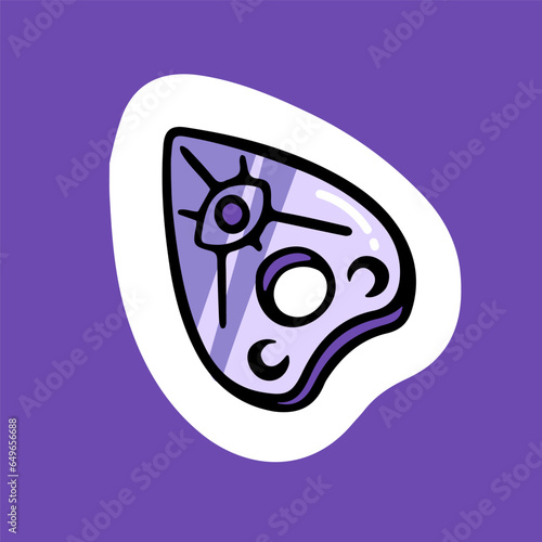 Halloween Ouija board sticker. Spooky spiritual seance, Helloween holiday element, creepy party decoration, mediumship badge, mystical print. Flat isolated vector illustration on white background