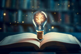 Glowing light bulb on a book, power of knowledge, inspiration from reading and learning concept.