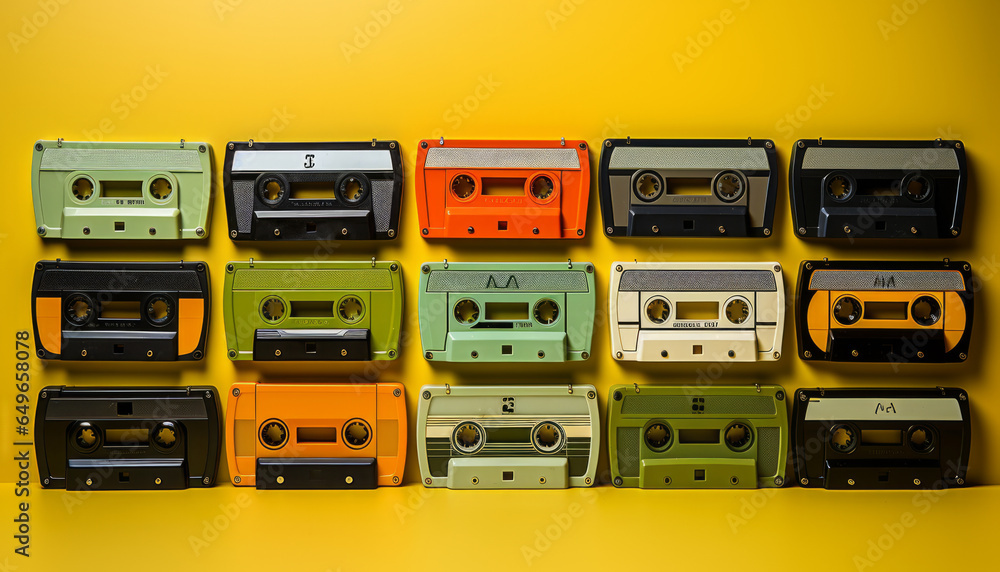 old school cassette tapes in a row on lime green background.generative ai