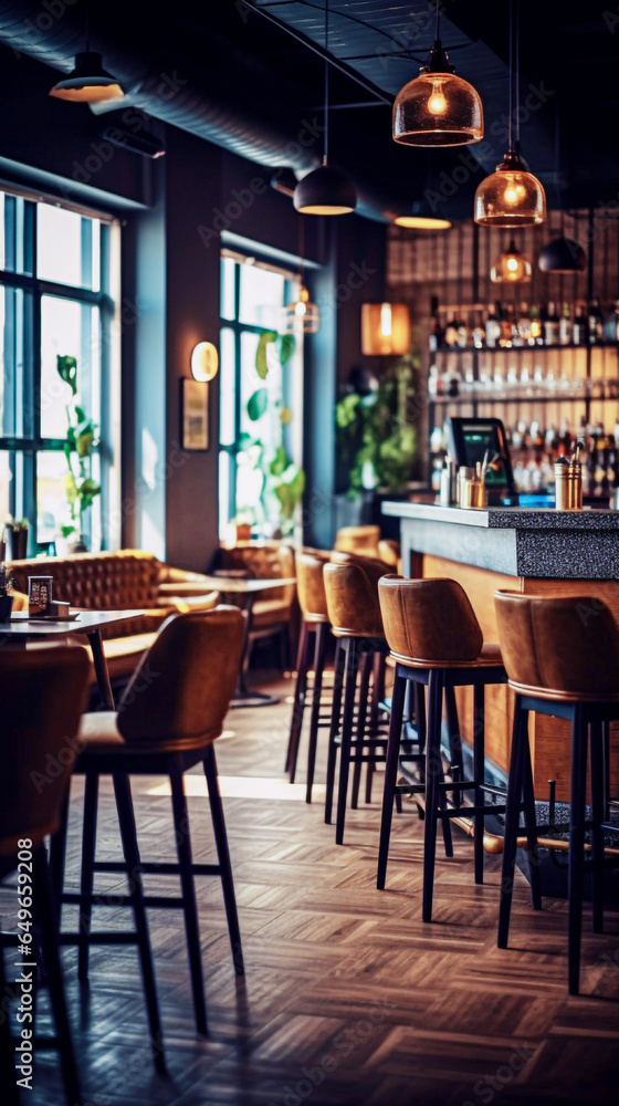 Defocused Interior of a modern bar with tables and chairs. Toned image. Selective focus.