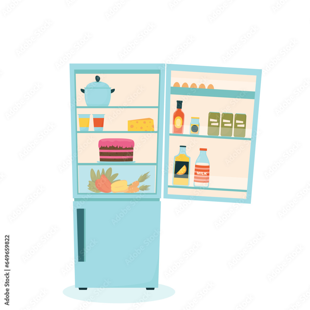 Open refrigerator with food. Kitchen appliances. Isolated cartoon vector illustration.