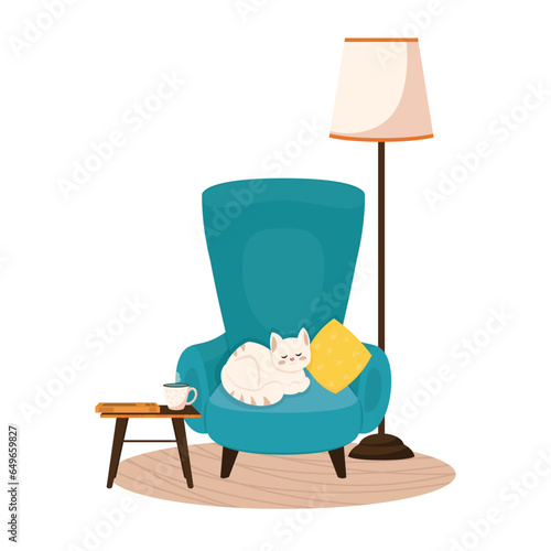 A cozy chair with a sleeping cat and a floor lamp nearby. Living room concept. Isolated cartoon vector illustration.