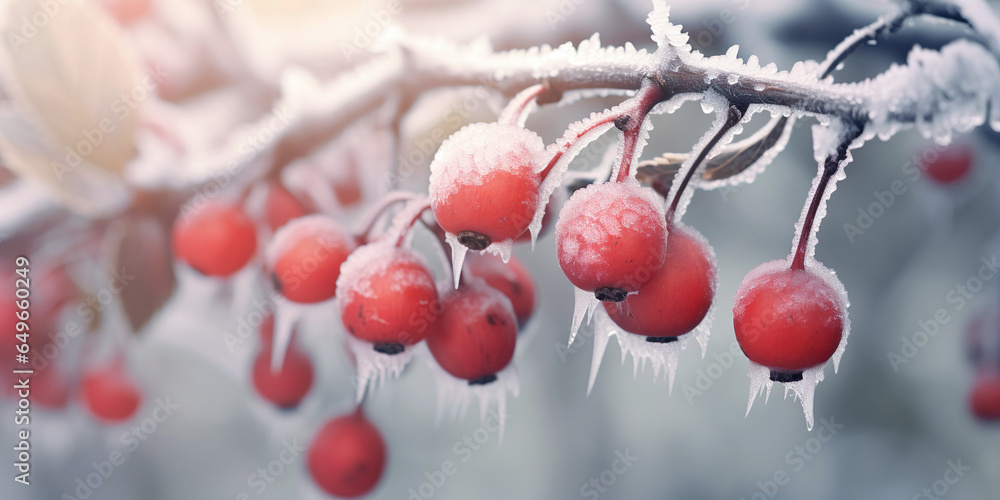 Icy red berries on a frost-covered bush in a winter wonderland. A beautiful representation of seasonal nature. Perfect for winter and seasonal designs. Icy red berries on a frost-covered bush in a winter wonderland. A beautiful representation of seasonal nature. Perfect for winter and seasonal designs.