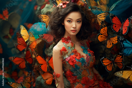 Stunning Asian woman covered in beautiful butterflies, close up, looking forward. fancy. illustration © Enrique