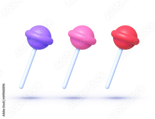 Realistic sweet lollipop set 3d. Round multicolored candies on stick in cartoon style. Vector illustration design