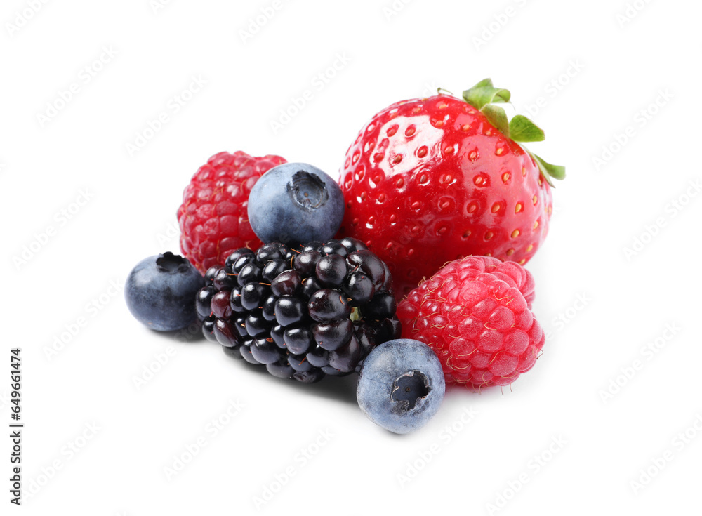 Many different ripe berries isolated on white Many different ripe berries isolated on white