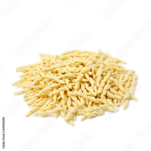Pile of uncooked trofie pasta isolated on white