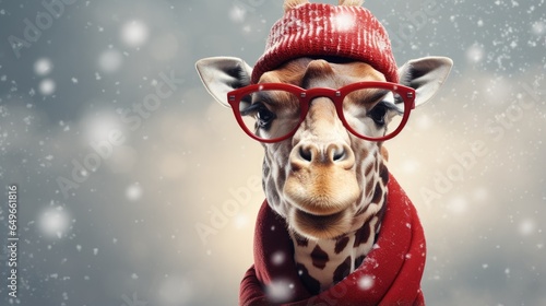 Cute giraffe in glasses wearing scarf and knitted hat. Portrait of funny animal on outdoor winter background, close up with copy-space.