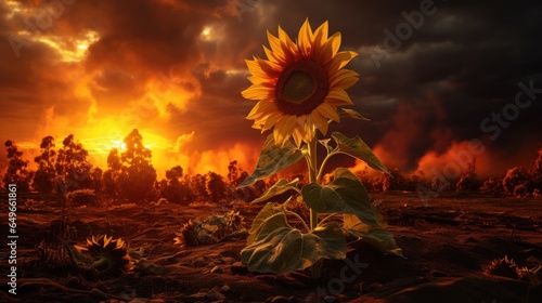 Burning Ukrainian sunflower fields. Fire with smoke rising on the horizon. Aftermath of war and russian aggression.