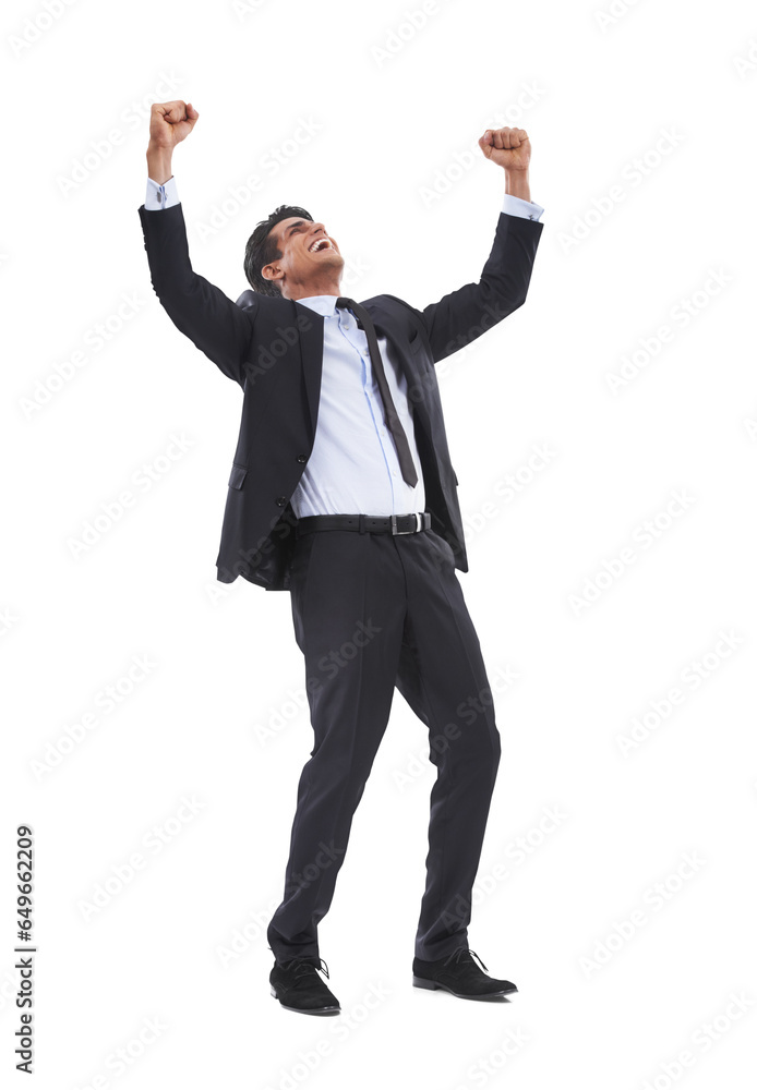 Business, success and man with winner fist for wow news on isolated, transparent and png background. Startup, loan and male entrepreneur excited for job promotion, deal or hiring, opportunity or goal Business, success and man with winner fist for wow news on isolated, transparent and png background. Startup, loan and male entrepreneur excited for job promotion, deal or hiring, opportunity or goal