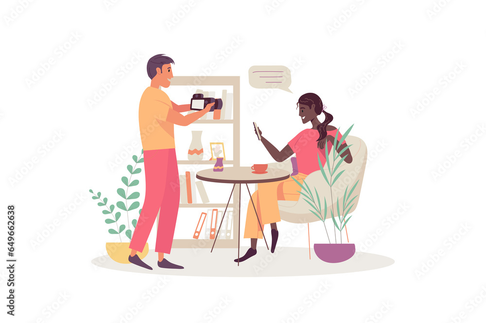 Concept blogging with people scene in the flat cartoon design. Video operator films a well-known blogger on camera. illustration. Concept blogging with people scene in the flat cartoon design. Video operator films a well-known blogger on camera. illustration.