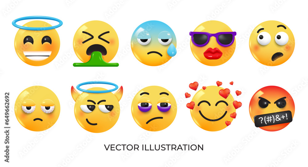 Set of Emoji icons. Realistic Yellow Glossy 3d Emoticons face on various topics. Pack 7. Vector 3d illustration Set of Emoji icons. Realistic Yellow Glossy 3d Emoticons face on various topics. Pack 7. Vector 3d illustration