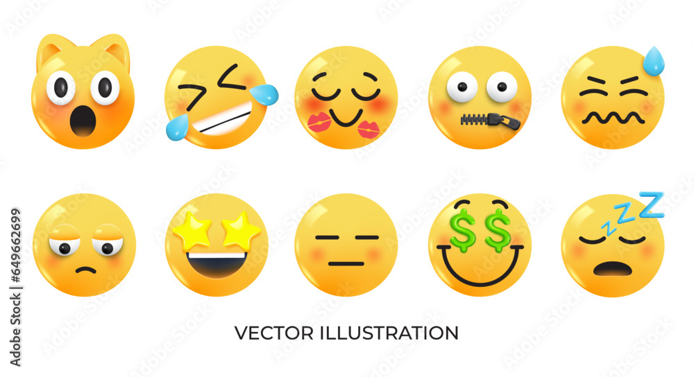 Set of Emoji icons. Realistic Yellow Glossy 3d Emoticons face on various topics. Pack 6. Vector 3d illustration