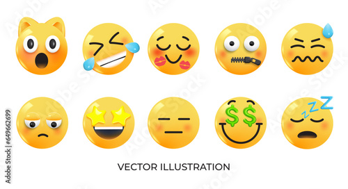 Set of Emoji icons. Realistic Yellow Glossy 3d Emoticons face on various topics. Pack 6. Vector 3d illustration