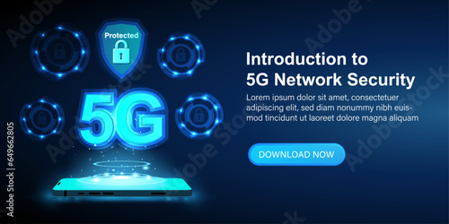 Introduction to 5G network security. Smartphone device isometric blue 3d flat. Web and cyber security technology and High-level mobile security. Vector Web banner.