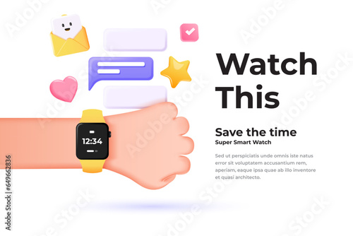3d illustration. Cartoon hand with smart watch on white background. Cartoon device Mockup. Vector 3d illustration
