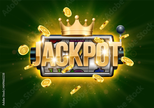 Shining sign Jackpot with slot machine, gold crown and coins on a bright background. Vector illustration.