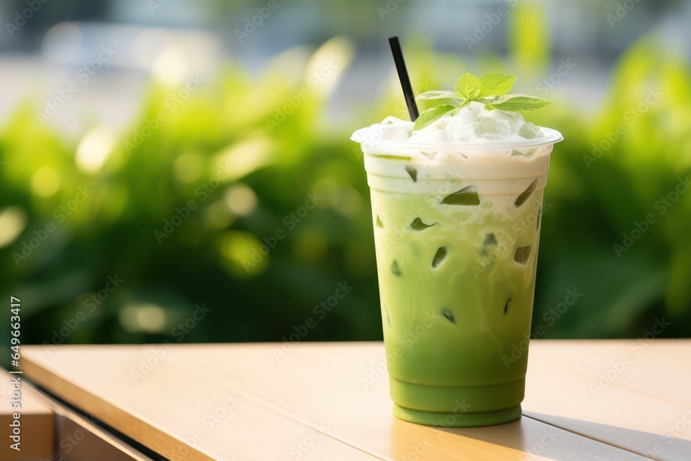 delicious matcha iced latte with milk foam and straw in see-through takeaway coffee cup product photo, generative ai delicious matcha iced latte with milk foam and straw in see-through takeaway coffee cup product photo, generative ai