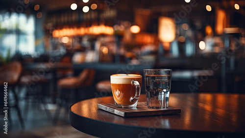 photograph of Blurred background image of coffee shop wide angle lens realistic lighting