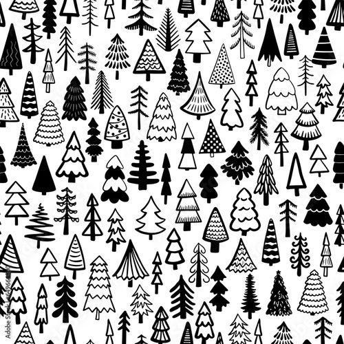 Seamless pattern background with  winter christmas trees, fir, pine, spruce. For holiday package paper, print. Hand drawn line vector illustration.