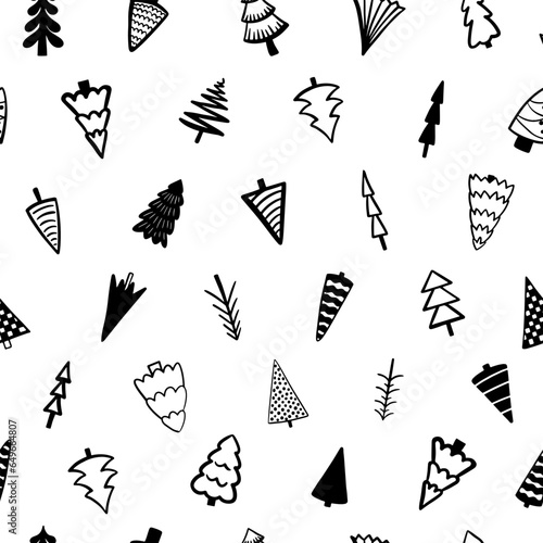 Seamless pattern background with  winter christmas trees, fir, pine, spruce. For holiday package paper, print. Hand drawn line vector illustration.