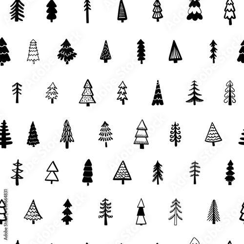 Seamless pattern background with  winter christmas trees, fir, pine, spruce. For holiday package paper, print. Hand drawn line vector illustration.