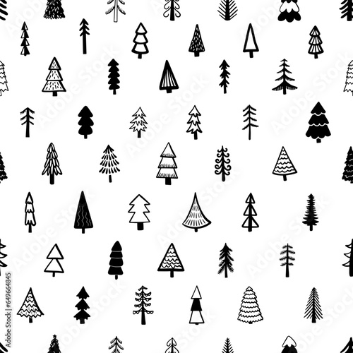 Seamless pattern background with  winter christmas trees, fir, pine, spruce. For holiday package paper, print. Hand drawn line vector illustration.