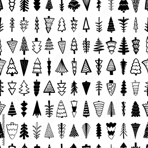 Seamless pattern background with  winter christmas trees, fir, pine, spruce. For holiday package paper, print. Hand drawn line vector illustration.