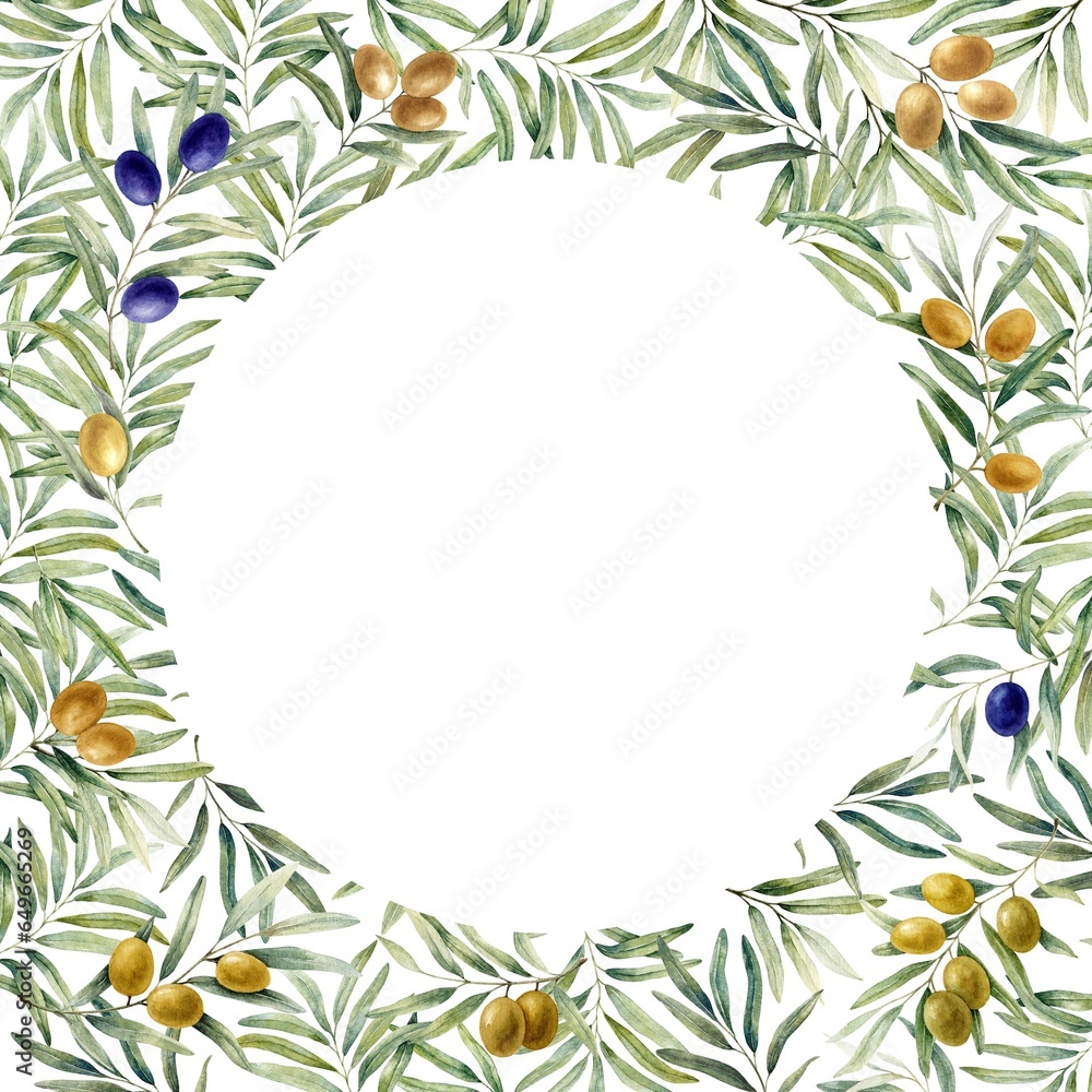 Olive square frame with circle centre. Branches with leaves and fruits. Hand drawn watercolor illustration, isolated on white background.