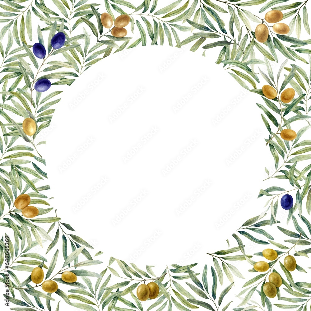 Olive square frame with circle centre. Branches with leaves and fruits ...