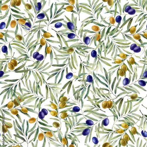Seamless pattern background with  olives branches, twigs with leaves, fruits. Food botanical elements. Hand drawn watercolor illustration, isolated on white background.