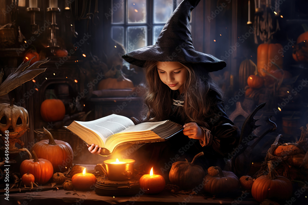 Little girl wearing witch clothes reading a magical book of spells in the old vintage Halloween interior with pumpkins and candles.